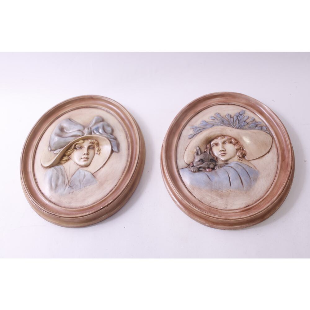 Ceramic, Victorian, Wall, Hangings, Oval Frame, Brown, Blue, Ladies Wall Hanging